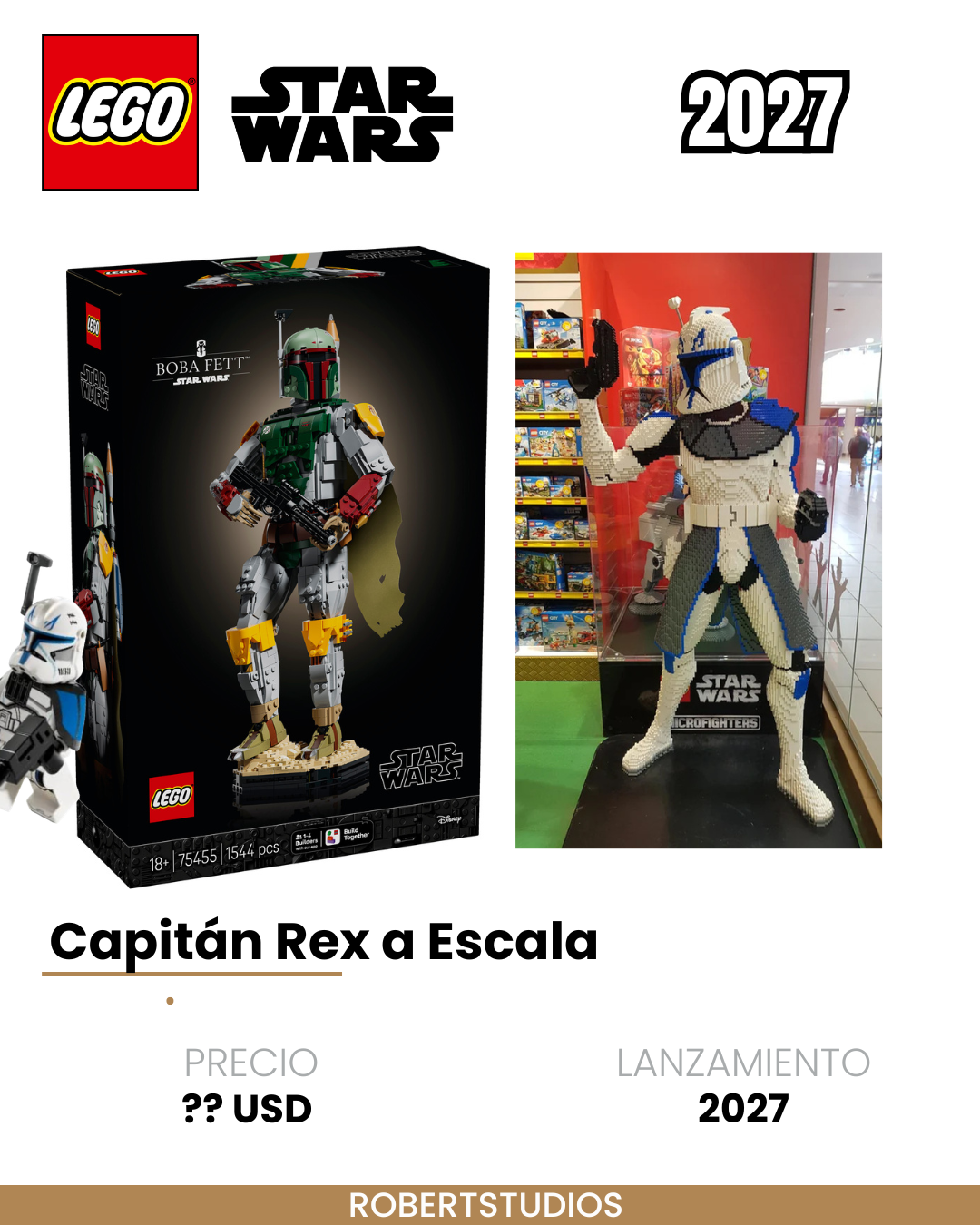 Ficha del rumor LEGO Star Wars 2027 sobre una figura de Capitán Rex a escala