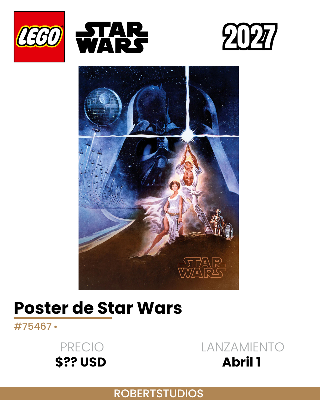 Ficha del rumor LEGO Star Wars 2027 sobre un póster de Star Wars, set 75467