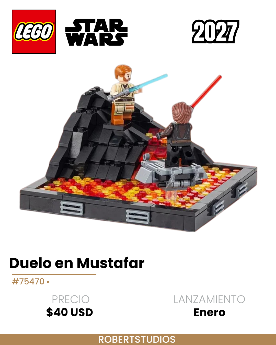 Ficha del rumor LEGO Star Wars 2027 sobre el Duelo en Mustafar, set 75470