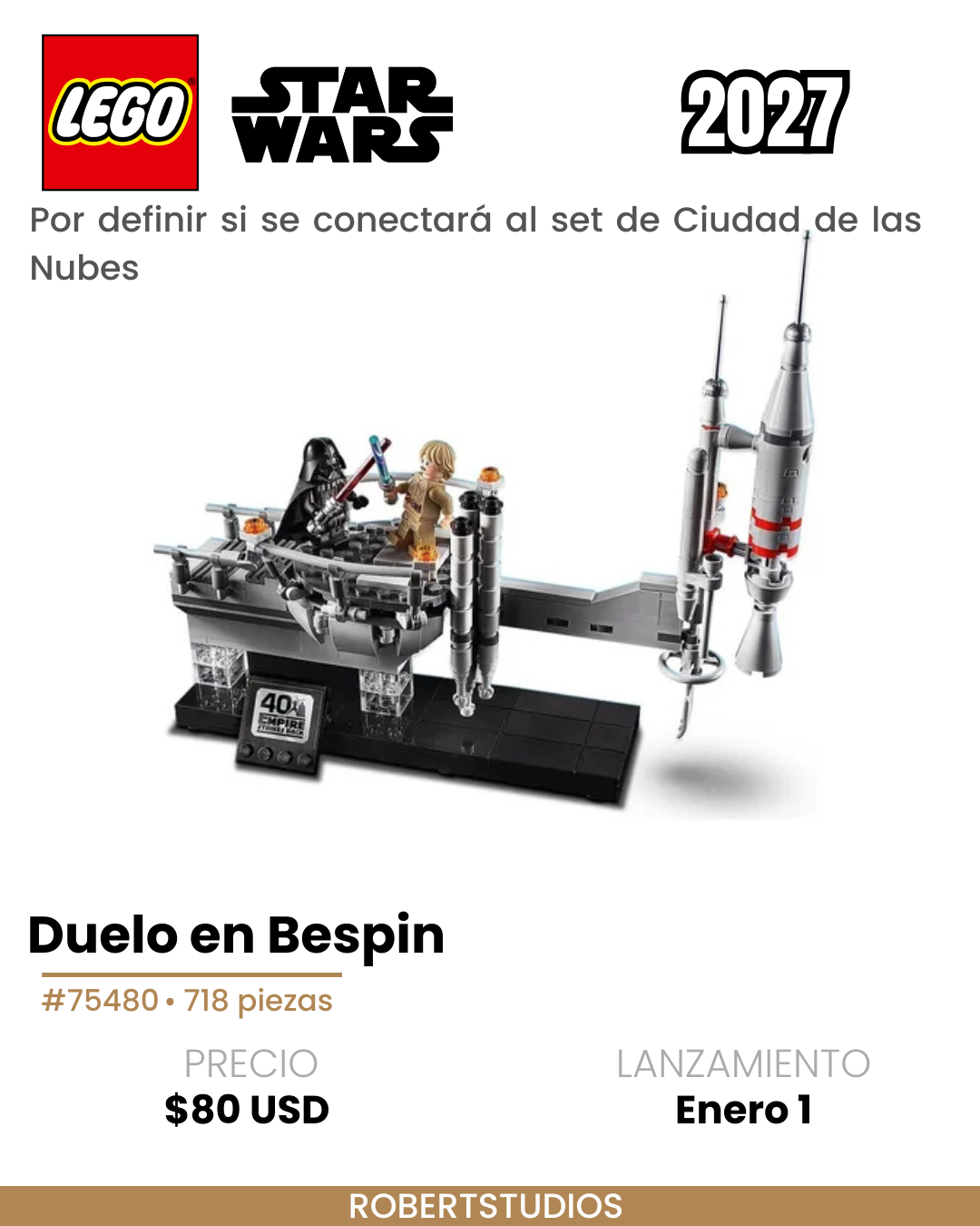 Ficha del rumor LEGO Star Wars 2027 sobre el Duelo en Bespin, set 75480