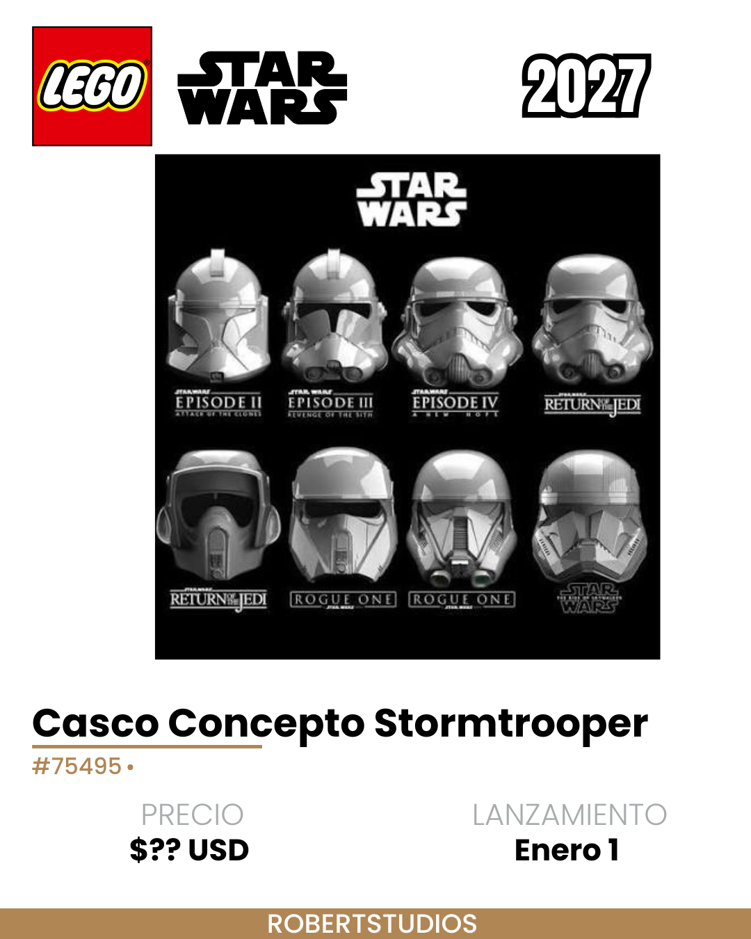 Ficha del rumor LEGO Star Wars 2027 sobre un casco concepto de Stormtrooper, set 75495